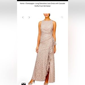 Long Sleeveless Lace Dress with Ruffle Front Slit Detail size 14 buff color